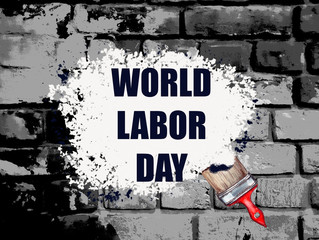 watercolor illustration.World Labor Day concept with stylish text and tools for workers on a blue background.