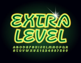 Vector neon banner Extra Lever. Handwritten electric Font. Creative glowing Alphabet Letters and Numbers