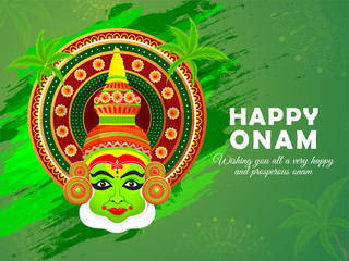 Illustration of colorful Kathakali dancer face mask on green traditional background for celebration harvest festival of south india kerala, Happy Onam.