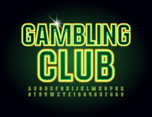 Vector neon logo Gambling Club. Modern electric Font. Yellow and Green glowing Alphabet Letters and Numbers