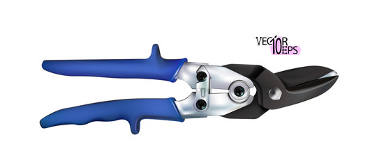 Chrome hand metal shears, modern steel realistic tool with blue handles. Scissors for cutting sheet steel, work instrument isolated on white background. Vector illustration