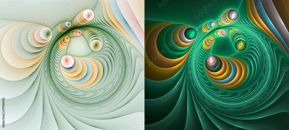 Poster set of two abstract fractal backgrounds in shades of green with circles, balls and arcs. 3d renderin