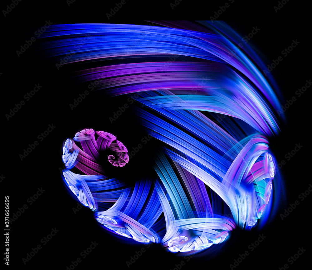 Poster bright blue and lilac lines and spirals on a black background. abstract fractal background. graphic 