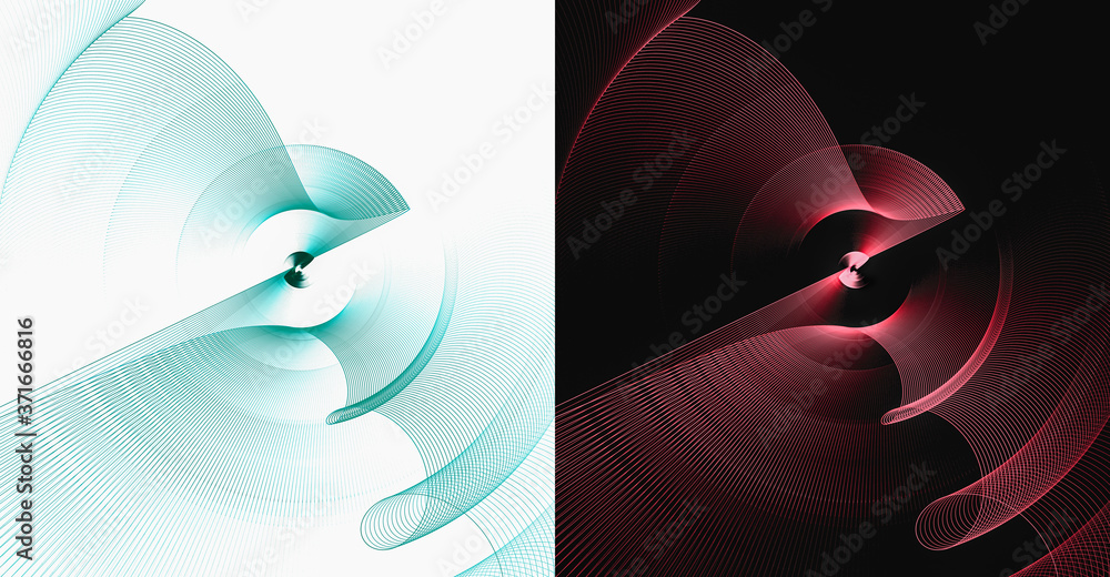 Poster a set of two abstract fractal propellers. the blades are curved in a wave and spiral. the surfaces r
