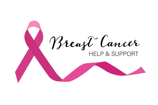 Breast cancer help and support hand lettering with pink ribbon vector