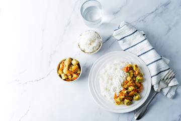 Curry chicken with rice in a plate