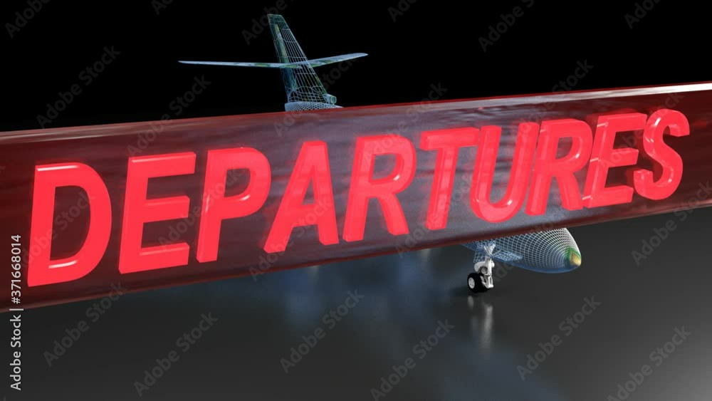 Aufkleber a blue wireframed aircraft model is on a black background and a red tag with the write departures pa