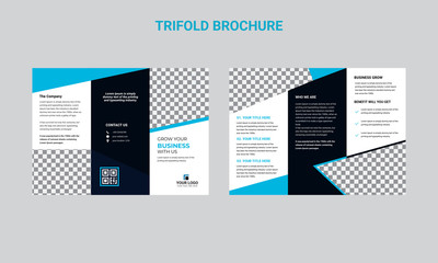 Tri-fold brochure with diagonal lines and a place for photos. Vector template of white color with blue elements for text and diagram. Business design for advertising and printing.