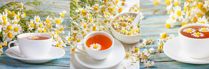 Set of images herbal tea of chamomile flower and a bouquet of Matricaria chamomilla. Healthy tea...
