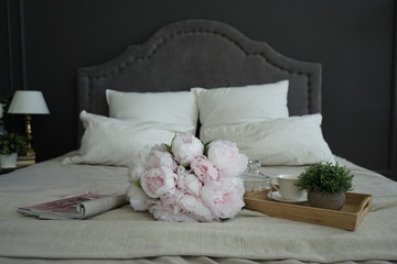interior in gray, white, bed colors
