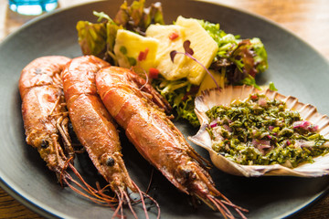Prawn starter salad with pineapple salsa and salsa verde tapas style