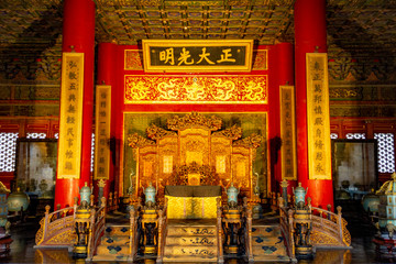 Imperial throne in the Palace of Heavenly Purity, Forbidden City, Beijing, China. On the top poster...