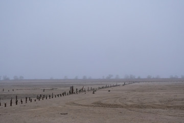 Fototapeta na wymiar The bottom of a dried salt lake. Foggy morning. Remains of an old pier.