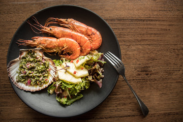 Prawn starter salad with pineapple salsa and salsa verde tapas style