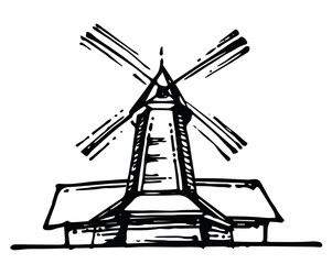 Windmill. Outline hand drawing. Vector isolated object on a white background. A farm for the production of flour and bakery products.