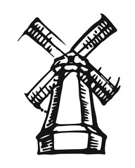 Windmill. Outline hand drawing. Vector isolated object on a white background. A farm for the production of flour and bakery products.