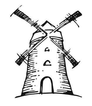 Windmill. Outline hand drawing. Vector isolated object on a white background. A farm for the production of flour and bakery products.