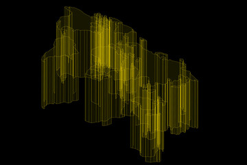 Abstract isometric world map translucent yellow line structure.