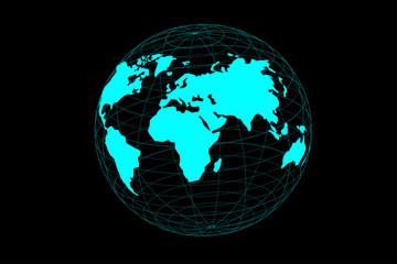 Abstract isometric world map translucent yellow line structure.
