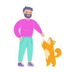 Happy young man with dog, Shiba Inu. Modern flat vector illustration. Smiling cartoon character.