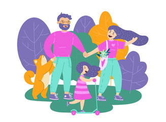 Happy young family walk together in the park, modern flat vector illustration. Mom, dad, children, and pet.