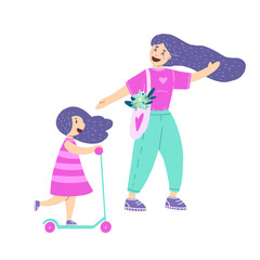 Happy young family walk together in the park, modern flat vector illustration. Mom and daughter.