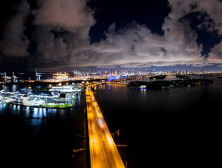 Aerial photo Miami Macarthur Causeway view of port and Downtown