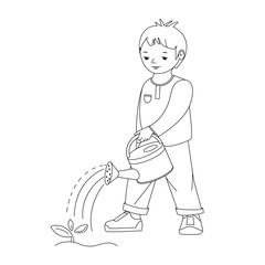 A little boy is watering a sprout with a watering can. Black and white  vector outline illustration. Coloring book page.