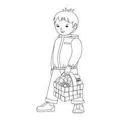 Little boy with a basket of mushrooms. Black and white vector outline illustration. Coloring book page.