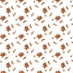 Seamless watercolor walnuts pattern design on white background