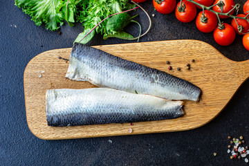 herring fish seafood set of ingredients for cooking serving portion size natural product top view place for text copy space keto or paleo diet raw pescetarian, second course