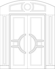 An Image of timber decorative door double leaves in 2D Architectural CAD drawing. Comes with a variety of attractive designs. Comes with metal door frames and ironmongery. Drawing in black and white. 