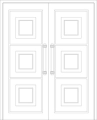 An Image of timber decorative door double leaves in 2D Architectural CAD drawing. Comes with a variety of attractive designs. Comes with metal door frames and ironmongery. Drawing in black and white. 