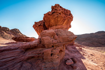 Sculpture of a mushroom and a half made by nature in the Arava Valley near Eilat. Timna Park. Israel. 