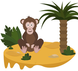 Cartoon cute monkey on the jungle with palm, sand concept vector illustration