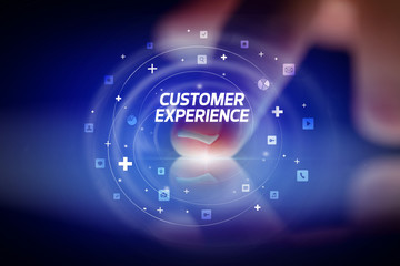 Finger touching tablet with social media icons and CUSTOMER EXPERIENCE