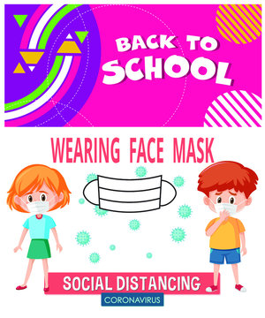 Back To School In The Middle Of The Coronavirus Pandemic Concept. Schoolgirl And Boy Wearing Masks And Keeping Physical Distancing In New Normal. Flat Vector Style Isolated On White
