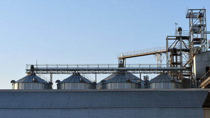 Complex of agriculturtal elevators for grain storage at sunset. 