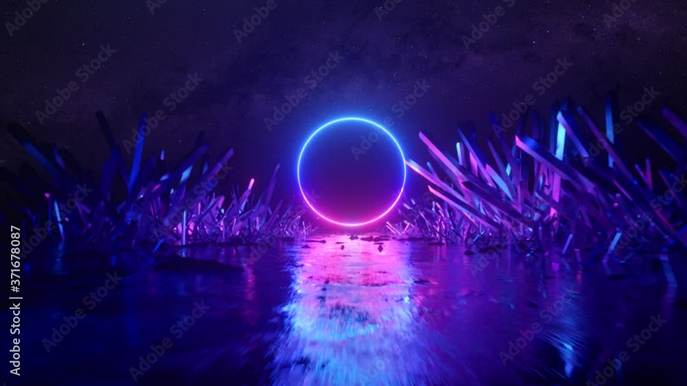 Wall mural asbractic flight, neon light ring shape, mysterious space landscape, forward flight through the corr