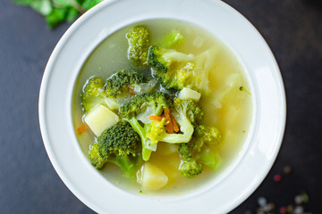 soup broccoli and vegetables first course broth serving portion size natural product vegetarian no meat top view place for text copy space keto or paleo diet