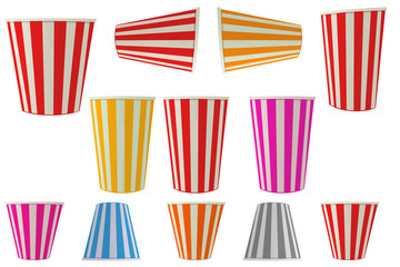 cups of popcorn isolated collection on white background  full colors stripped carton cups : cinema movies concept  