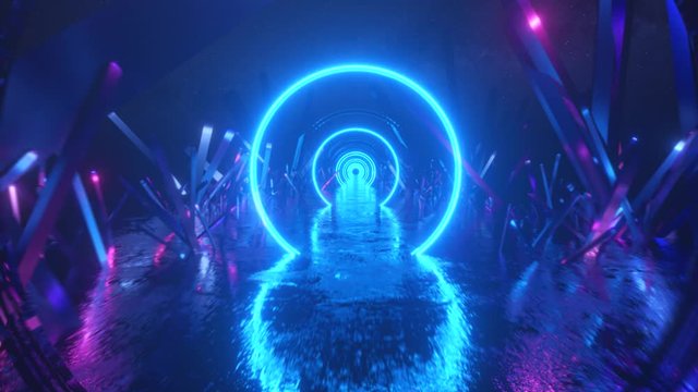 Asbractic flight, neon light ring shape, mysterious space landscape, forward flight through the corridor of crystals, virtual reality, outer space, star panorama. Seamless loop 3d render