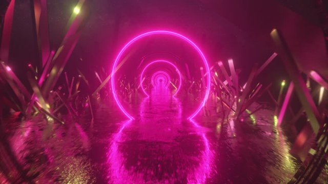 Asbractic flight, neon light ring shape, mysterious space landscape, forward flight through the corridor of crystals, virtual reality, outer space, star panorama. Seamless loop 3d render