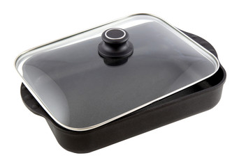 Teflon baking pan with glass lid isolated on white background.