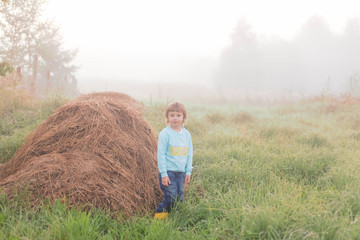 A girl stands next to a stack of dry grass against a foggy landscape