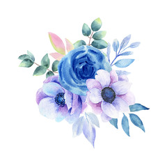 Watercolor illustration of blue flowers on a white background.