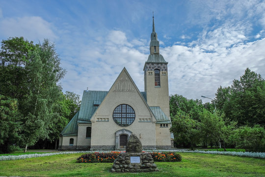 Russia, Zelenogorsk, Terijoki, August 2020: Zelenogorsk Lutheran parish of the Transfiguration of the Lord, Church and memorial stone in honor of 75 Fsoldiers who died during the great Patriotic war.