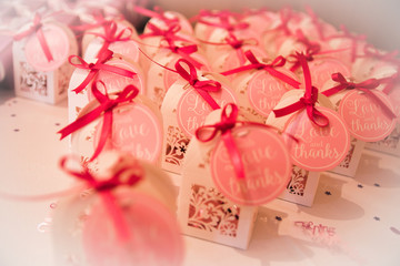 Romantic Pink Gift boxes favours being given at wedding event