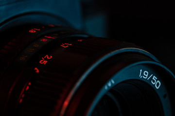 A lens of an old film camera