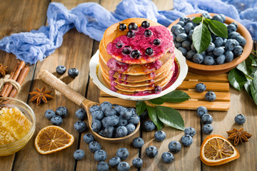 Blueberries with pancakes. Dessert breakfast. 